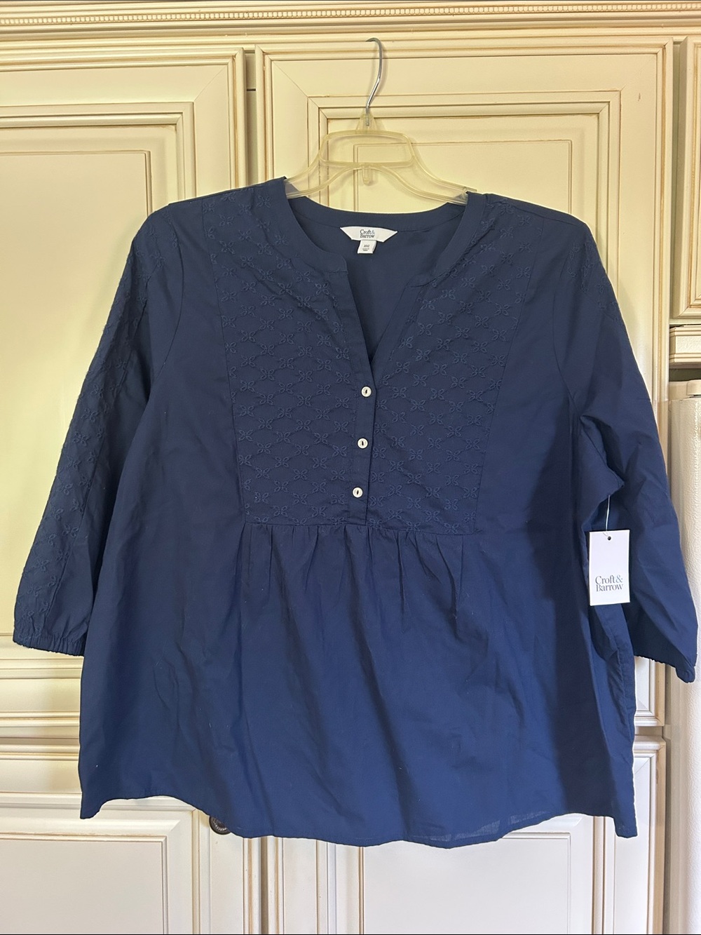 croft & barrow Navy Embroidered Split-Neck Peasant Top